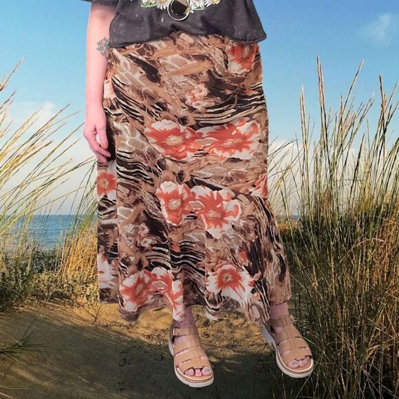 Vintage Brown Orange Metallic Floral Mesh Midi Lined Skirt *Fits Like Large - Picture 4 of 11